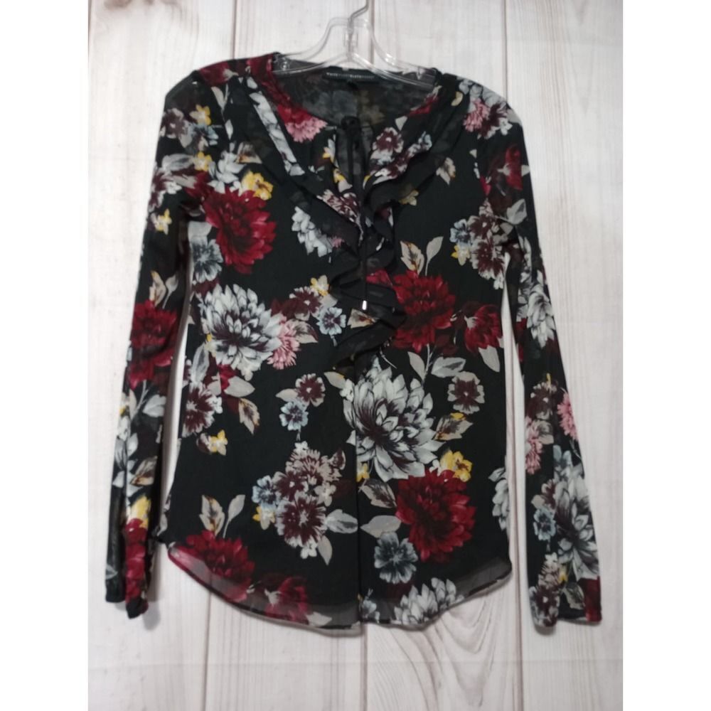 White House Black Market Floral Mesh Ruffle V-Neck Blouse Black XXS Long Sleeve